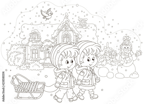 Smiling little girl and a boy walking with a small sled against a snow-covered house and a funny snowman, black and white vector illustration in a cartoon style for a coloring book