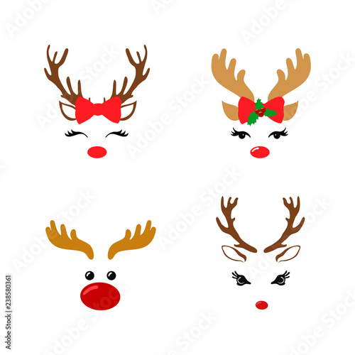 Set of a cute reindeer face with Christmas decoration. Vector illustration. Isolated on white background.