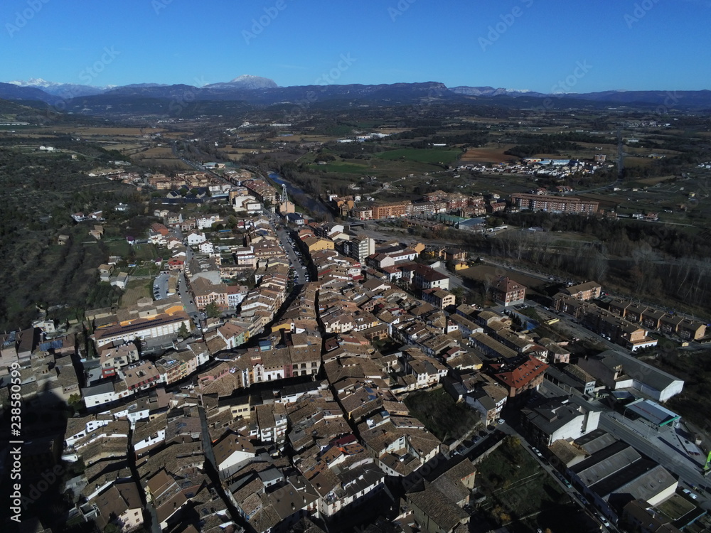 Aerial view by Drone in Graus. VIllage of Huesca. Aragon,Spain