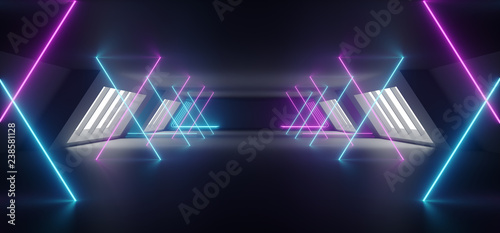 Sci Fi Futuristic Alien Ship Reflective Material Dark Empty Corridor Tunnel With Big White Windows With Neon Glowing Purple Blue Pink Crossed Lines Background 3D Rendering