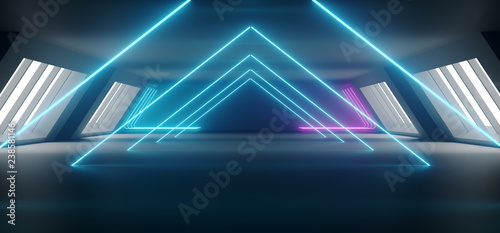 Sci Fi Futuristic Alien Ship Reflective Material Dark Empty Corridor Tunnel With Big White Windows With Neon Glowing Purple Blue Pink Triangle Shaped Lines Background 3D Rendering
