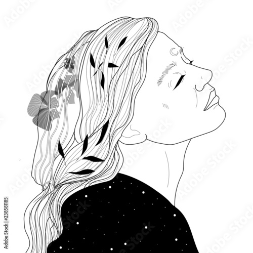 portrait of a beautiful young woman, cosmic illustration, symbolism, mysticism, space inside, philosophical art, sketch of the face of a pretty girl