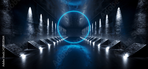 Dark Empty Sci Fi Futuristic Modern Alien Ship Corridor Tunnel Grunge Concrete Material White Led Lights And Neon Glowing Circle Shaped Blue Tube With Reflections Background Concept 3D Rendering
