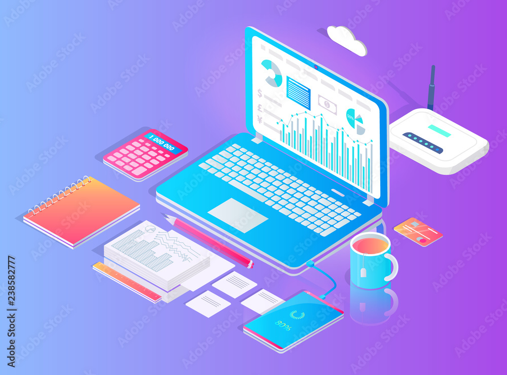 Workspace with Laptop and Wifi Router Vector Set Workspace with Laptop and Wifi Router Vector Set