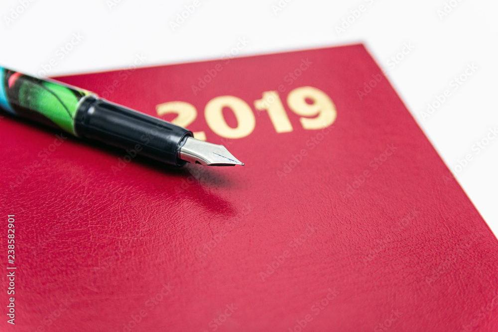 Fototapeta premium Close up of 2019 red leather diarys with fountain pen on white background. isolated on the white