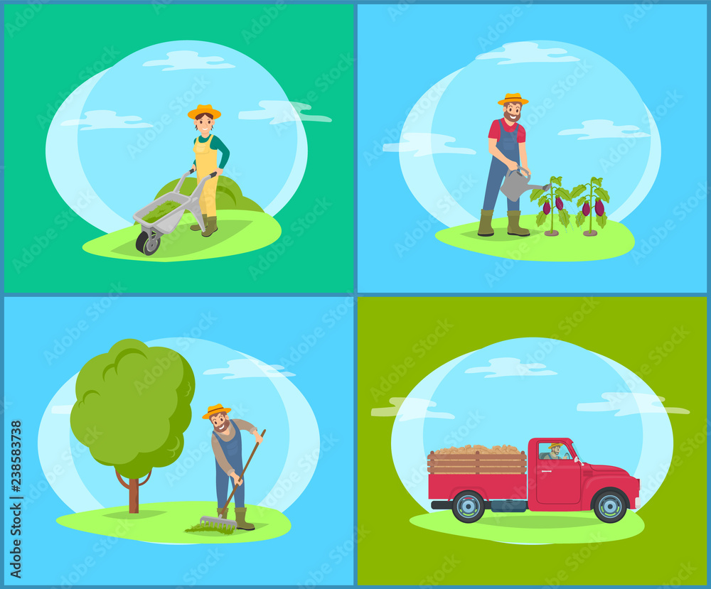 Car Lorry and People on Land Vector Illustration