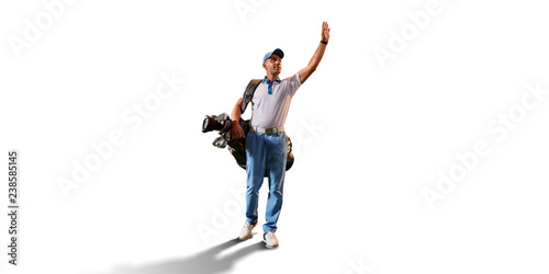 Male golf player on white background. Isolated golfer walking with golf bag