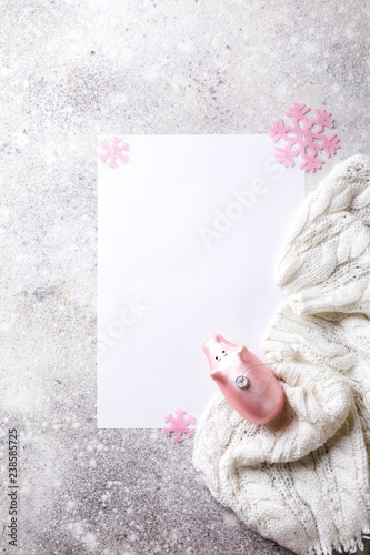  Christmas composition with decoration pink color . New Year of the Pig. Festive background Copy space for Text. celebration concept.