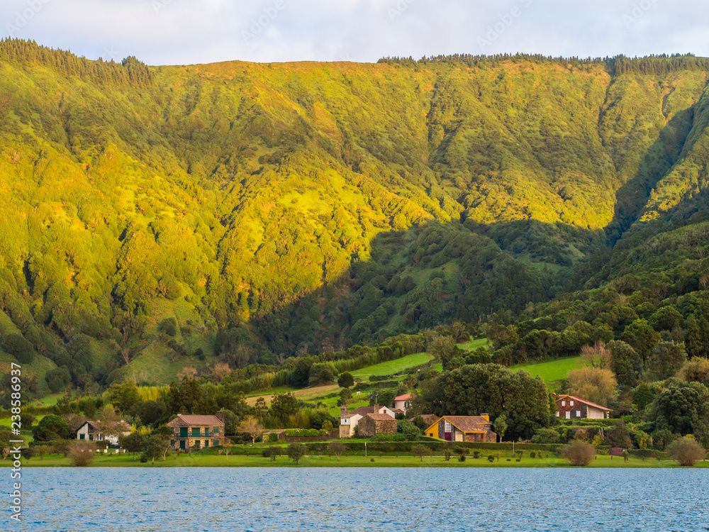Landscape around Lagoa Azul, the famous lake on Sao Miguel island in Azores, Portugal.