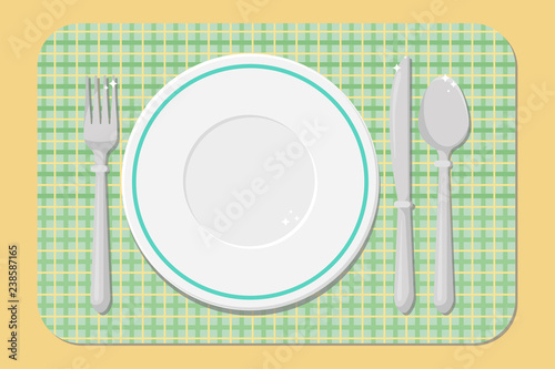 Cutlery on the table, table setting. Empty plate, fork, spoon, knife. Vector illustration.
