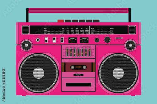 Vector old pink color tape recorder for pushing music with two speakers isolated on white background.