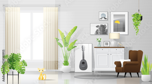 Warm and bright living room background with furniture in modern rustic style , vector , illustration