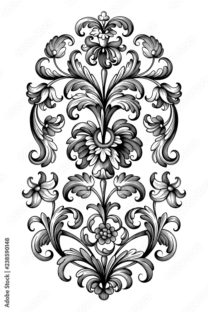 Flower vintage Baroque scroll Victorian frame border floral ornament leaf engraved retro pattern lily peony decorative design tattoo black and white filigree calligraphic vector