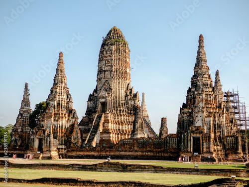 Ayutthaya, Thailand - November 5, 2018: Sculpture Landscape of Ancient old pagoda at Wat Chai Wattanaram is Famous Landmark old History Buddhist temple in Ayutthaya , Thailand photo