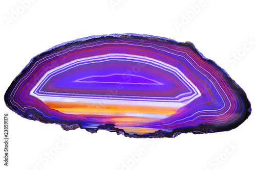 Amazing Colorful Blue Agate Crystal cross section isolated on white background. Natural translucent agate crystal surface, Violet abstract structure slice mineral stone macro closeup