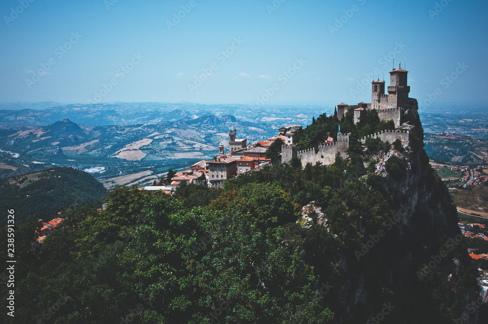 Three towers of San Marino. Symbol of freedom of the country. Stunningly beautiful and fascinating view. Popular tourist attraction. Travel collection