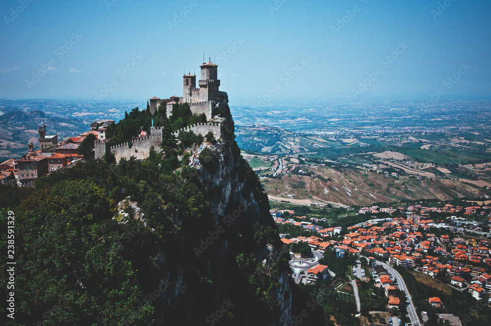 Three towers of San Marino. Symbol of freedom of the country. Stunningly beautiful and fascinating view. Popular tourist attraction. Travel collection
