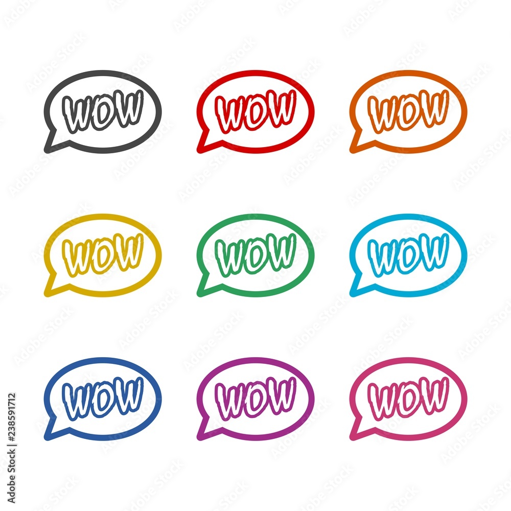 Wow Comic Text icon or logo, color set
