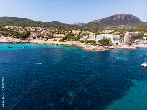 Fototapeta Naklejka Na Ścianę i Meble -  Aerial view, Spain, Balearic Islands, Mallorca, Calvia region, Costa de la Calma, view of Camp de Mar with hotels and beaches
