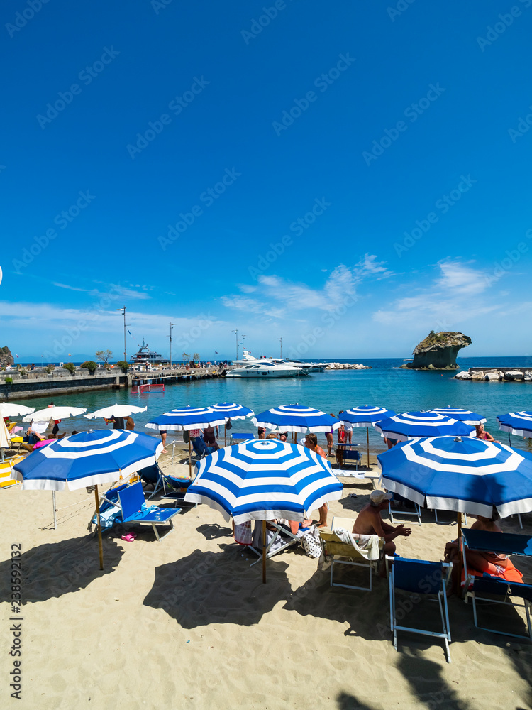Lacco Ameno, Corso Angelo Rizzoli, beach in Fungo island, Ischia island, Naples, Gulf of Naples, Campania, Italy