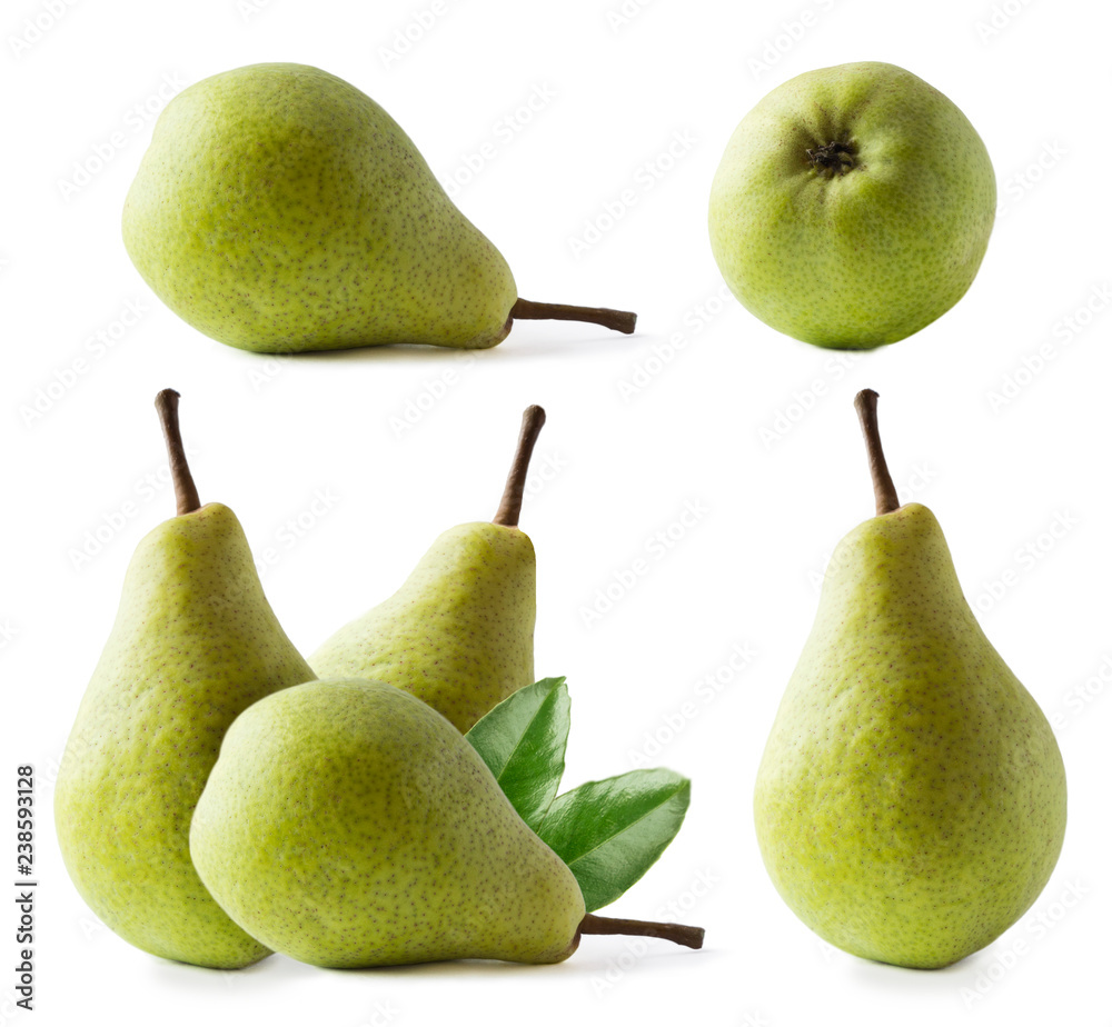 Ripe pears with leaves isolated on a white background. Three pears with copy space for text. Green pears close-up. Pear on white background. Set of pears. Ripe pears with leaves isolated on a white background. Three pears with copy space for text. Green pears close-up. Pear on white background. Set of pears.