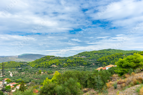 Greece, Zakynthos, Green pine tree covered mountains and hills of greek holiday island