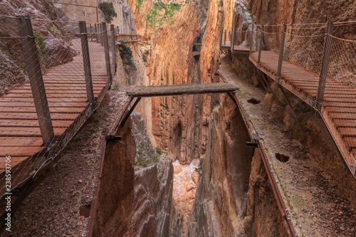 Caminito del rey, old and new way with canyon in background from nature parkland ardales in spain