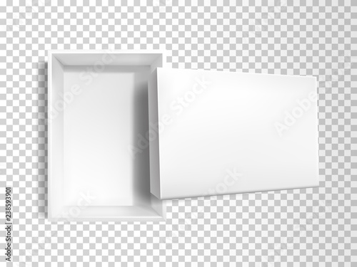 Vector 3d realistic white empty paper box with lid isolated on transparent background. Plastic rectangular container, top view. Mock-up for merchandise, cardboard product for brand. Blank packaging.