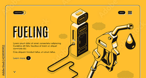 Vector 3d isometric site template with fueling, gas station. Oil pistol with nozzle on hose on yellow background. Drop of ethanol in black line art. Petroleum company landing page, internet portal.