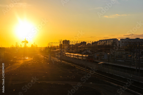 railway at sunset public transport. transportation of people and freight.