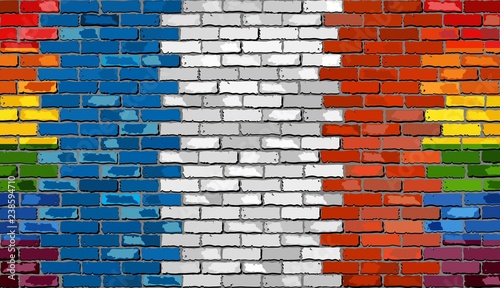 Brick Wall France and Gay flags - Illustration,
Rainbow and French flag on brick textured background, 
Abstract grunge France flag and LGBT flag