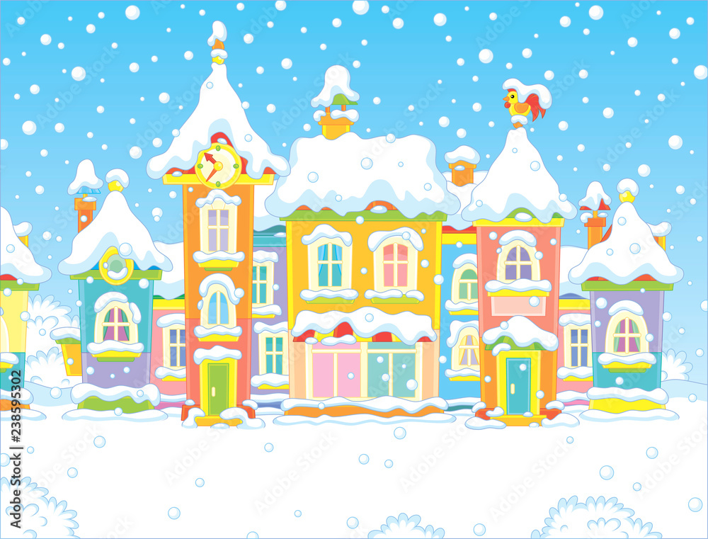 Colorful houses of a small toy town in a snowy winter day, vector illustration in a cartoon style
