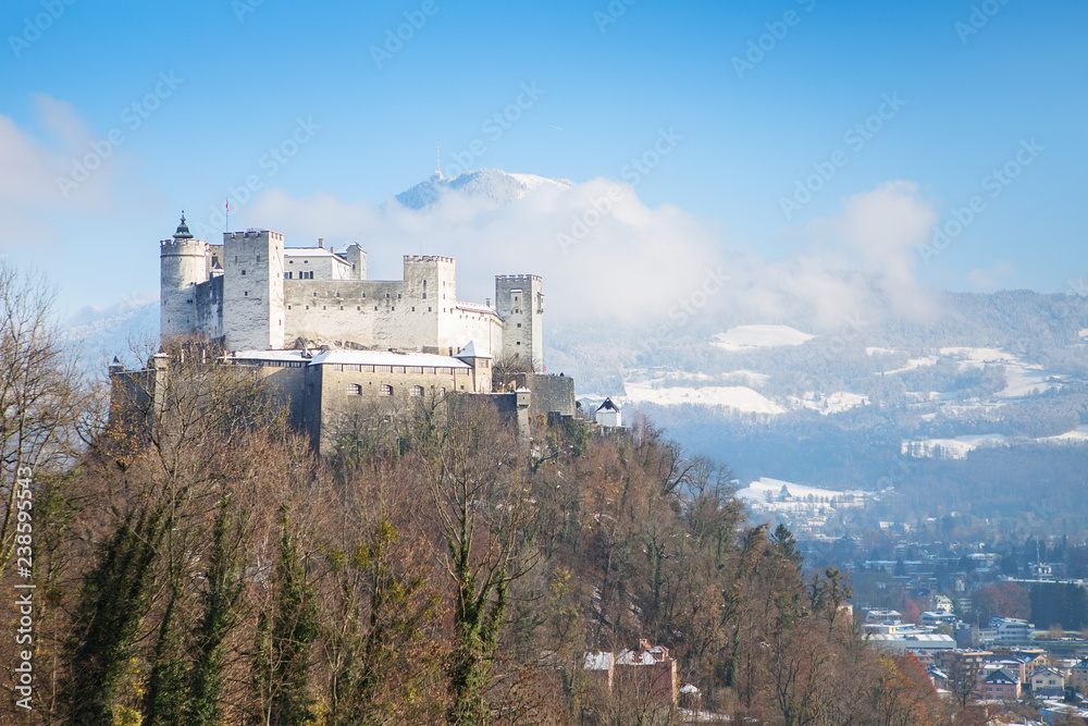 Beautiful view on Salzburg skyline with Festung Hohensalzburg in the winter
