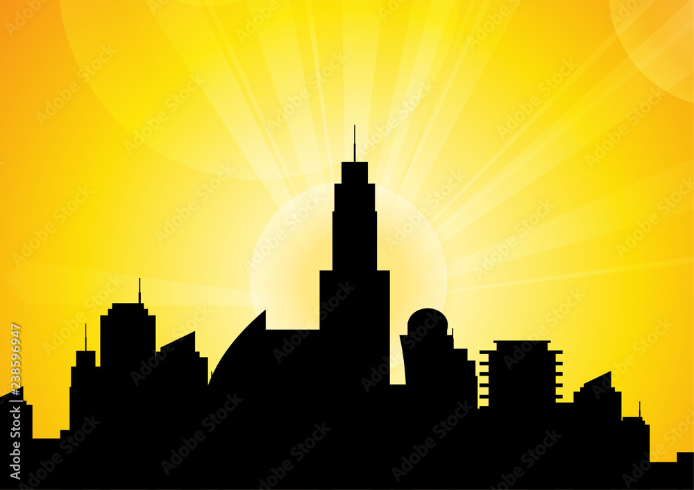 Fototapeta premium Vector : Silhouettes of buildings with sunset background