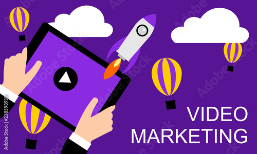 Content of video marketing. Businessman holding a tablet with a rocket. Concept flat design vector. 