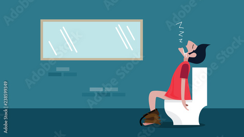 The man was sleeping on the toilet flush while he was defecating. Concept of excretory system. vector cartoon
