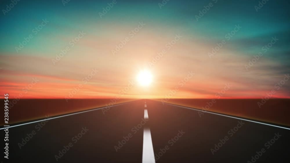 Road Travel Background In The Sunset Loop/ 4k animation of a road with two lanes in the sunset with lens flare, loopable