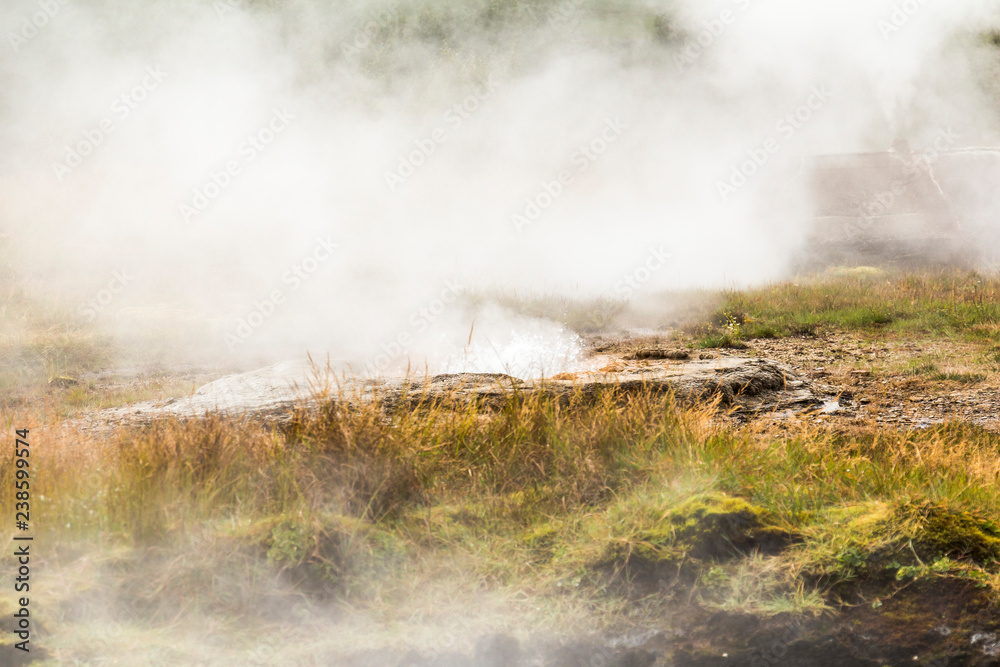Hot geothermic steam on golden circle of Iceland