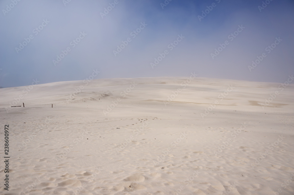 Foggy weather in sandy desert.