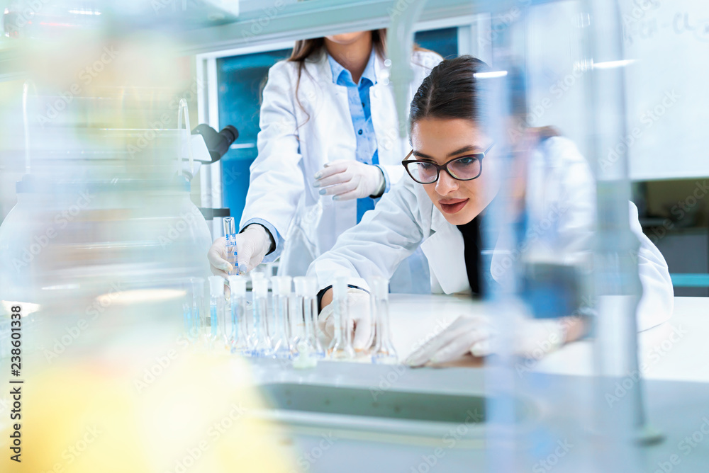 Chemistry and medicine students working in a laboratory. Young female researchers doing lab tests. Chemistry and medicine students working in a laboratory. Young female researchers doing lab tests.