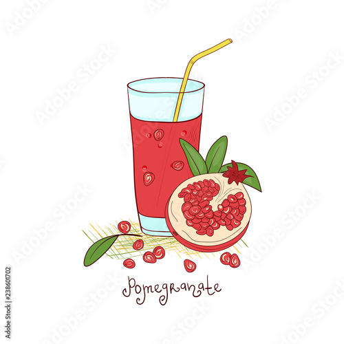 Pomegranate juice. Glass with straws. Sketch.
