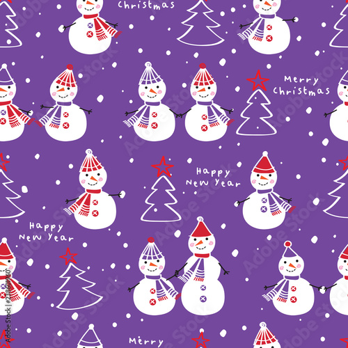 Winter Christmas seamless pattern with cute snowmen for gift wrap, textile, wallpapers and scrapbook. Happy New Year 2019. Doodles, sketch for your design. Vector.