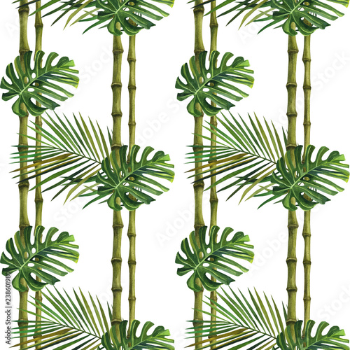 Watercolor tropical wildlife seamless pattern. Hand Drawn jungle nature, bamboo, hibiscus flowers illustration