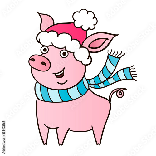 Cute pink piggy on white background. New year symbol