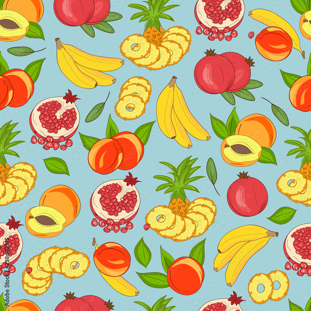 Background, wallpaper, seamless. Pineapple, banana, pomegranate, peach, apricot. Sketch doodle. Blue background.