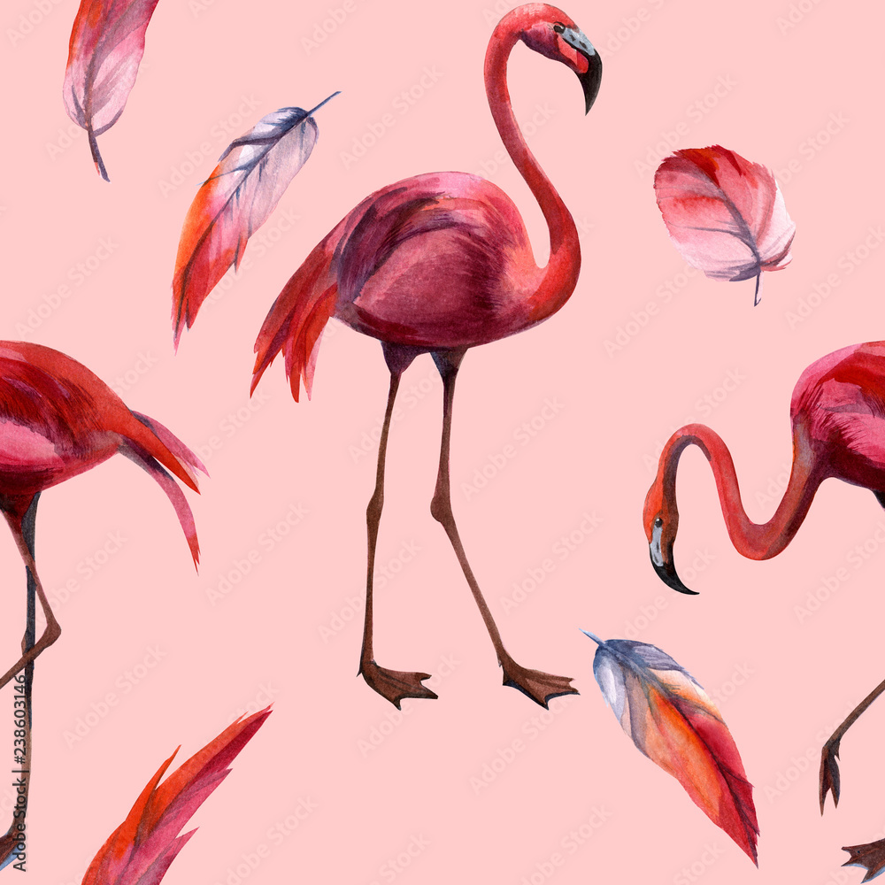 Obraz premium Watercolor flamingo pattern. Hand Drawn bird. Print for textile, cloth, wallpaper, scrapbooking