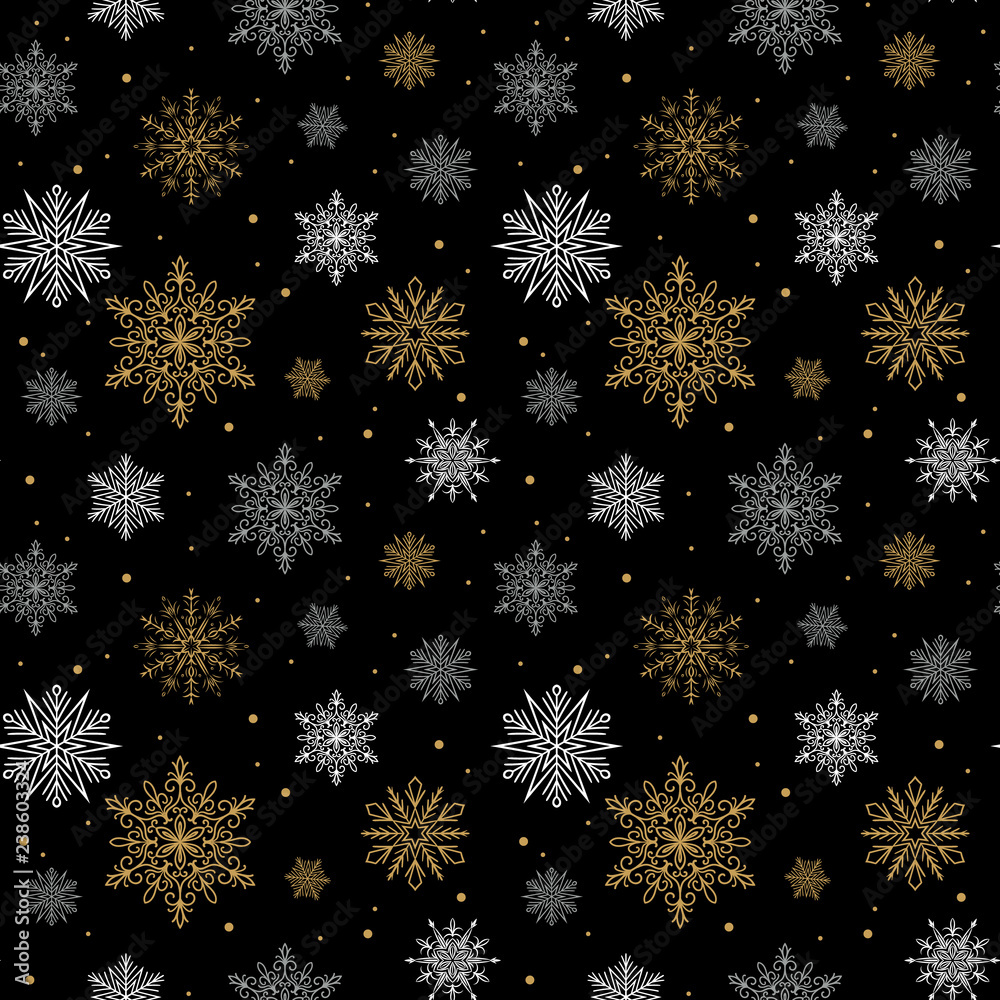 Seamless pattern with gold, white and gray snowflakes on black background. Christmas design. Could be used for gift wrapping paper, prints, fabrics, textiles, web design