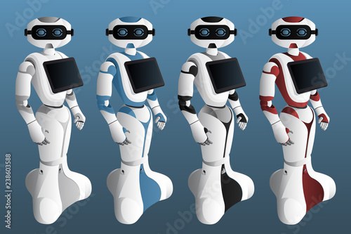 Set of realistic robots with digital tablet. Vector illustration