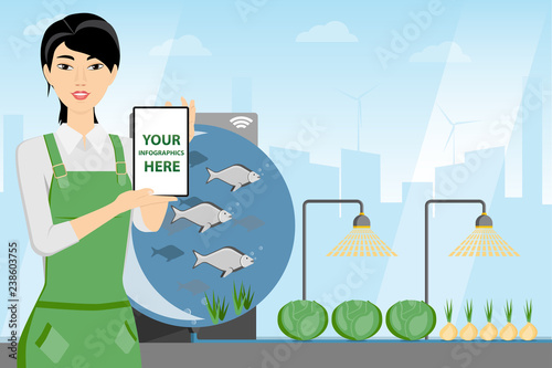 Asian woman farmer with tablet computer in a greenhouse. White screen, you can add your infographic here.