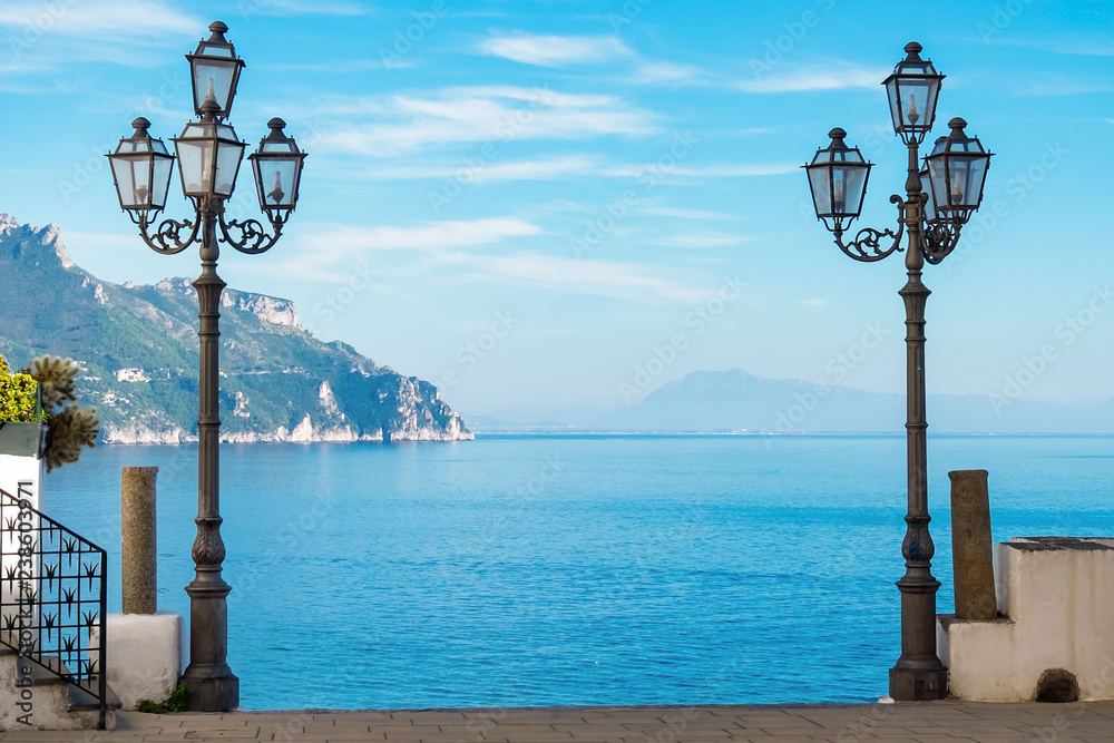 Seaview with street lamps from Atrani on Amalfi Coast.